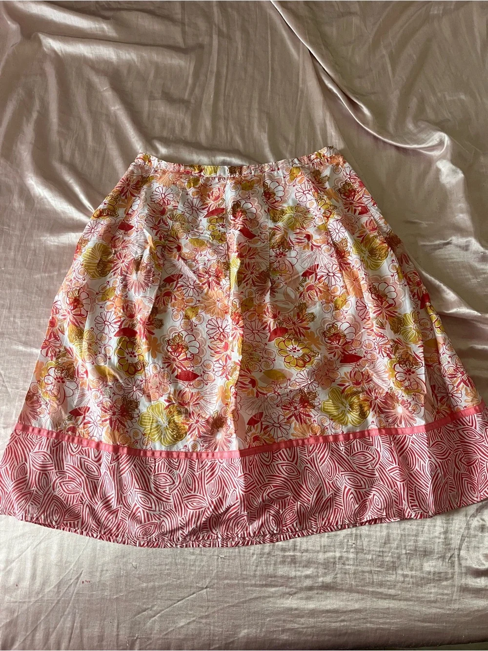 Floral Pink and Yellow A-Line Skirt with Printed Hem